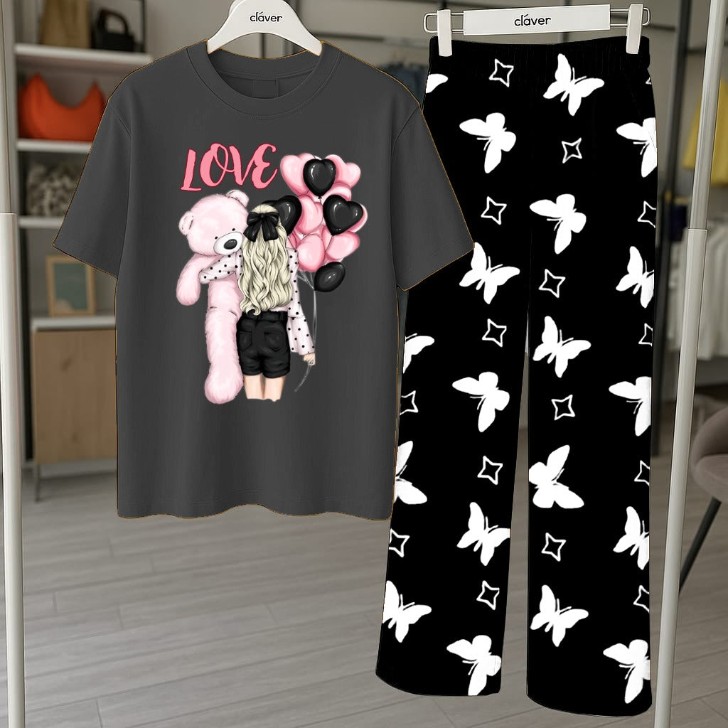 Teddy Snuggle Nightwear Set - Cozy Bear Print Pajama Set for Women