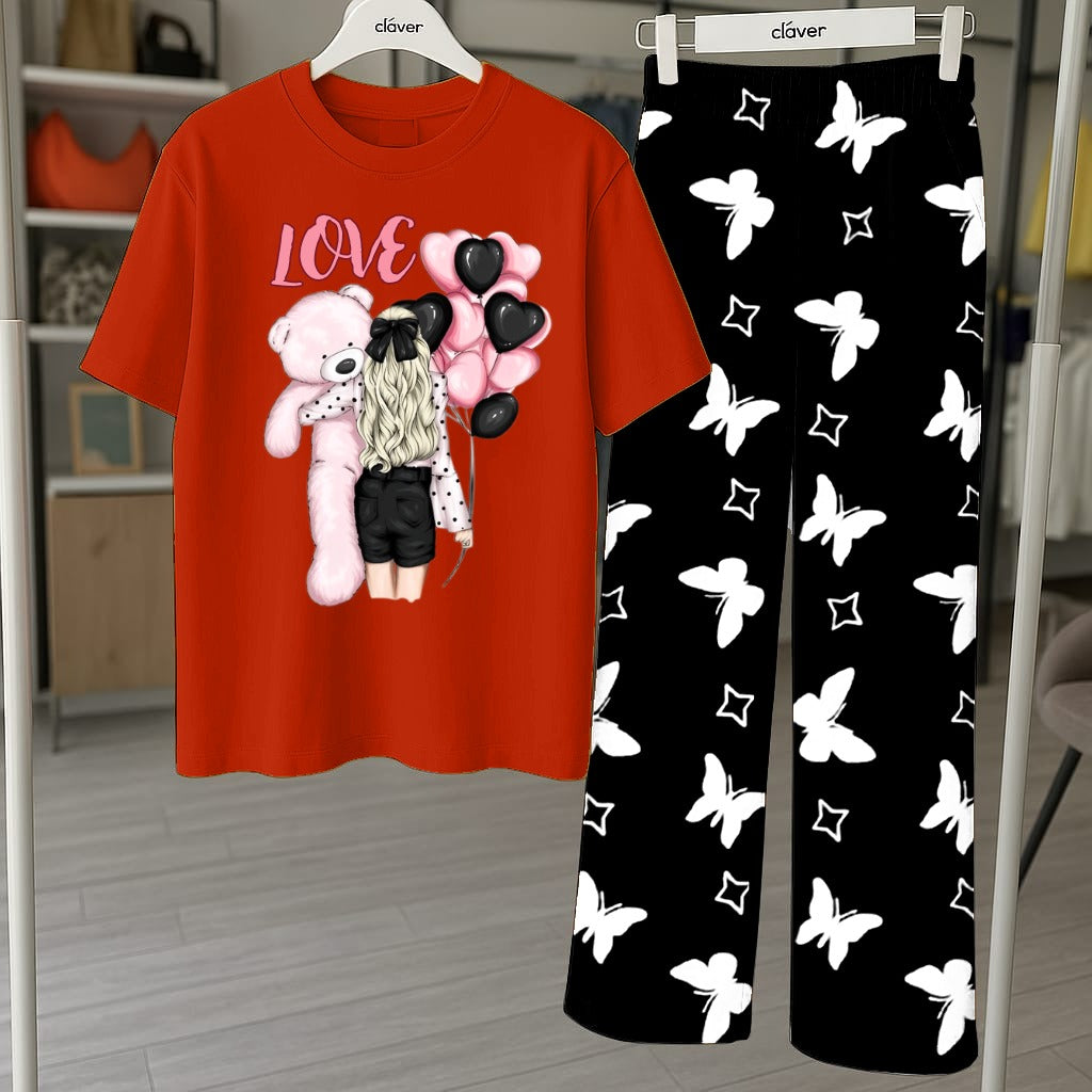 Teddy Snuggle Nightwear Set - Cozy Bear Print Pajama Set for Women