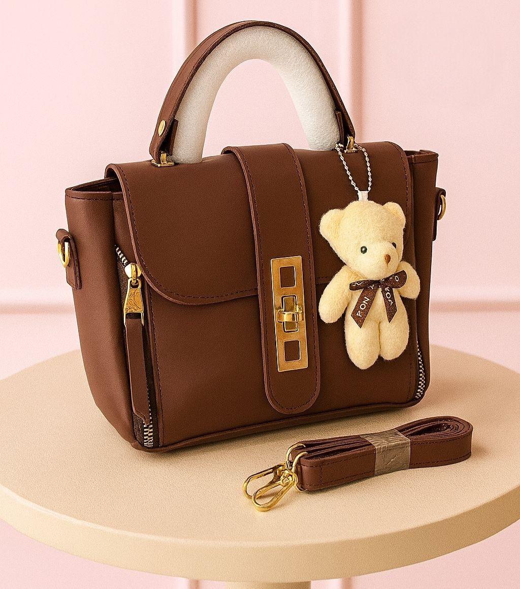 Teddy Bear Charm Crossbody Bag with Gold Clasps and Detachable Strap