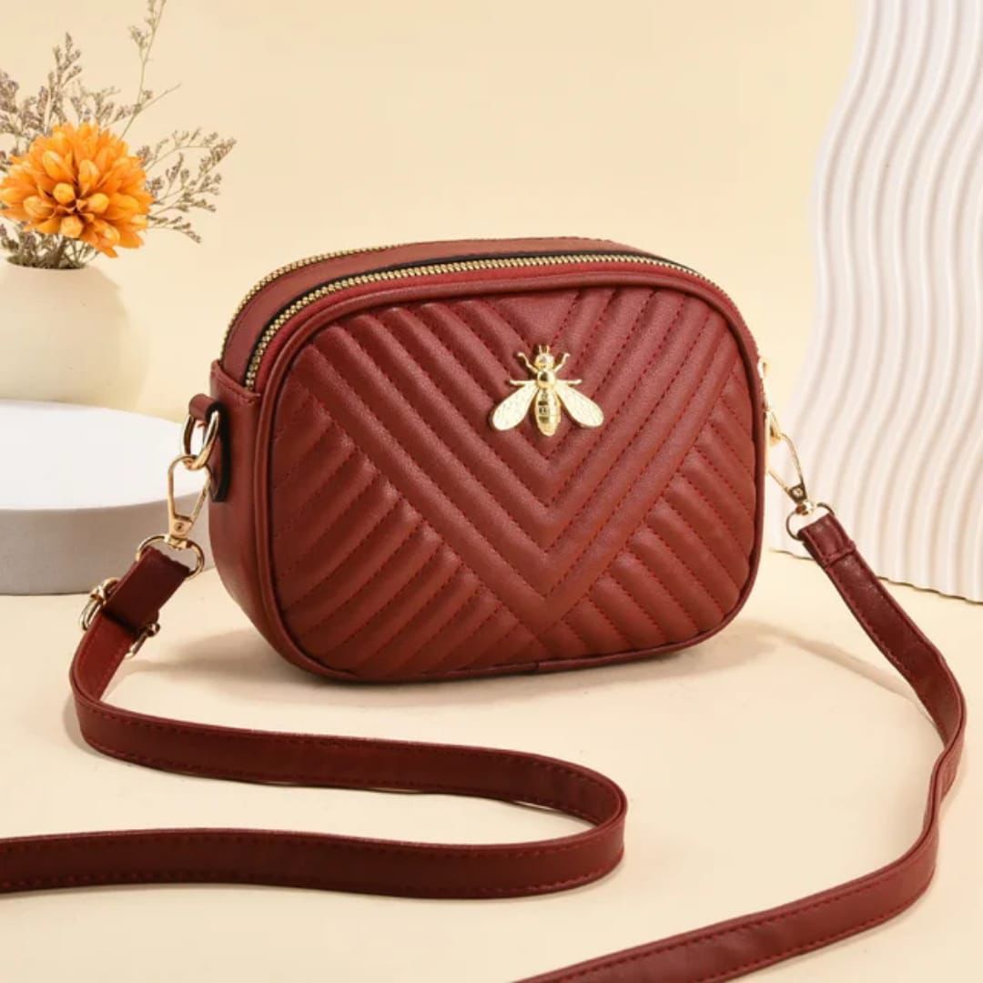 Elegant Bee Charm Bag - Quilted Shoulder Tote with Gold Ornament