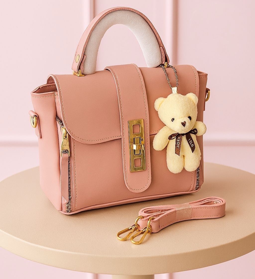 Teddy Bear Charm Crossbody Bag with Gold Clasps and Detachable Strap